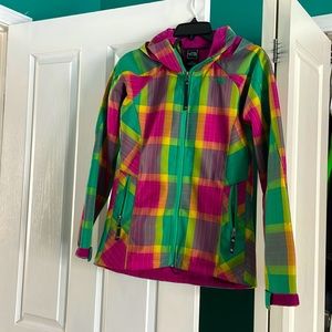 North Face multicolor snowboard/ski shell jacket. Excellent condition.